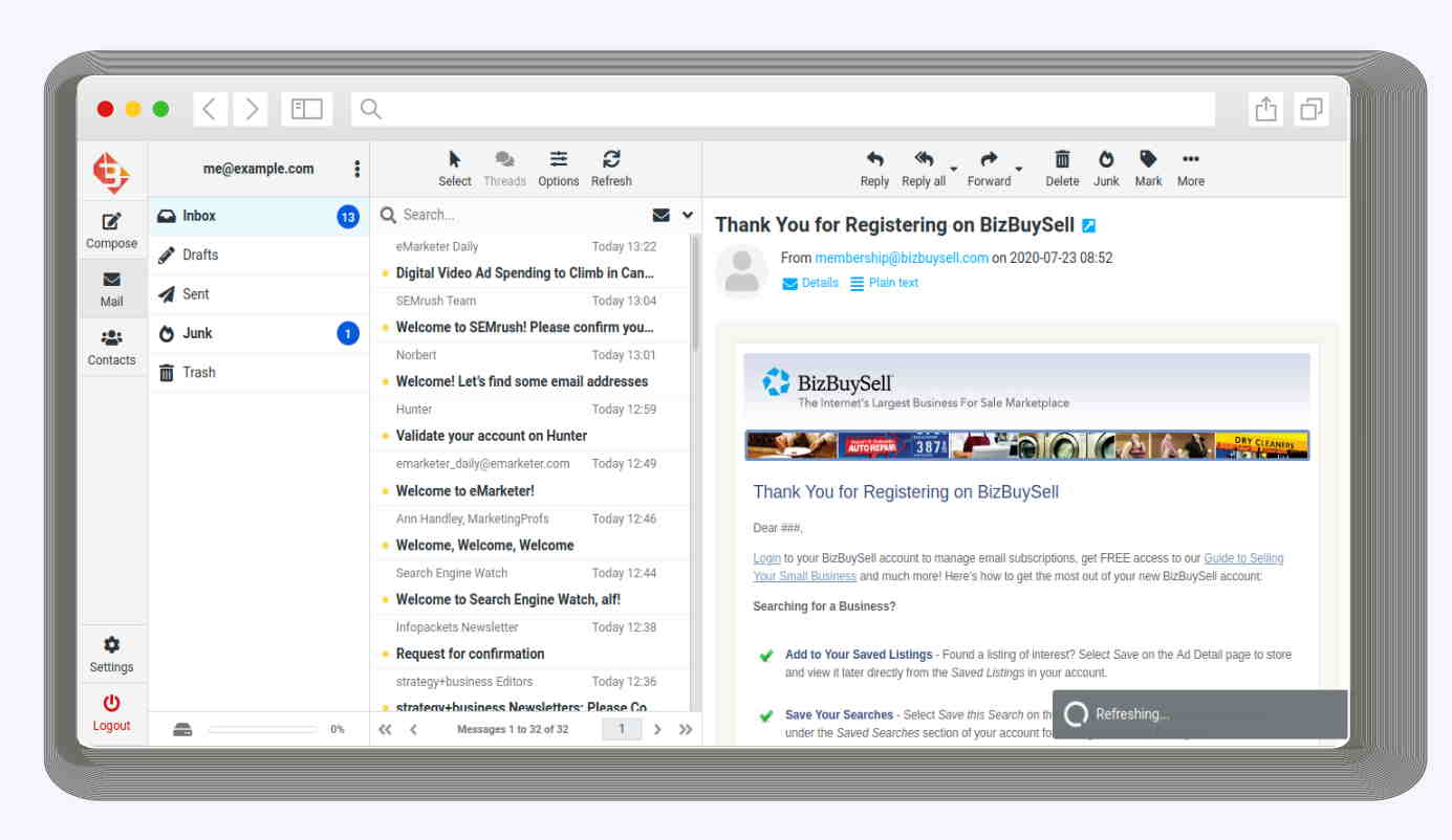 Webmail3 inbox window on desktop